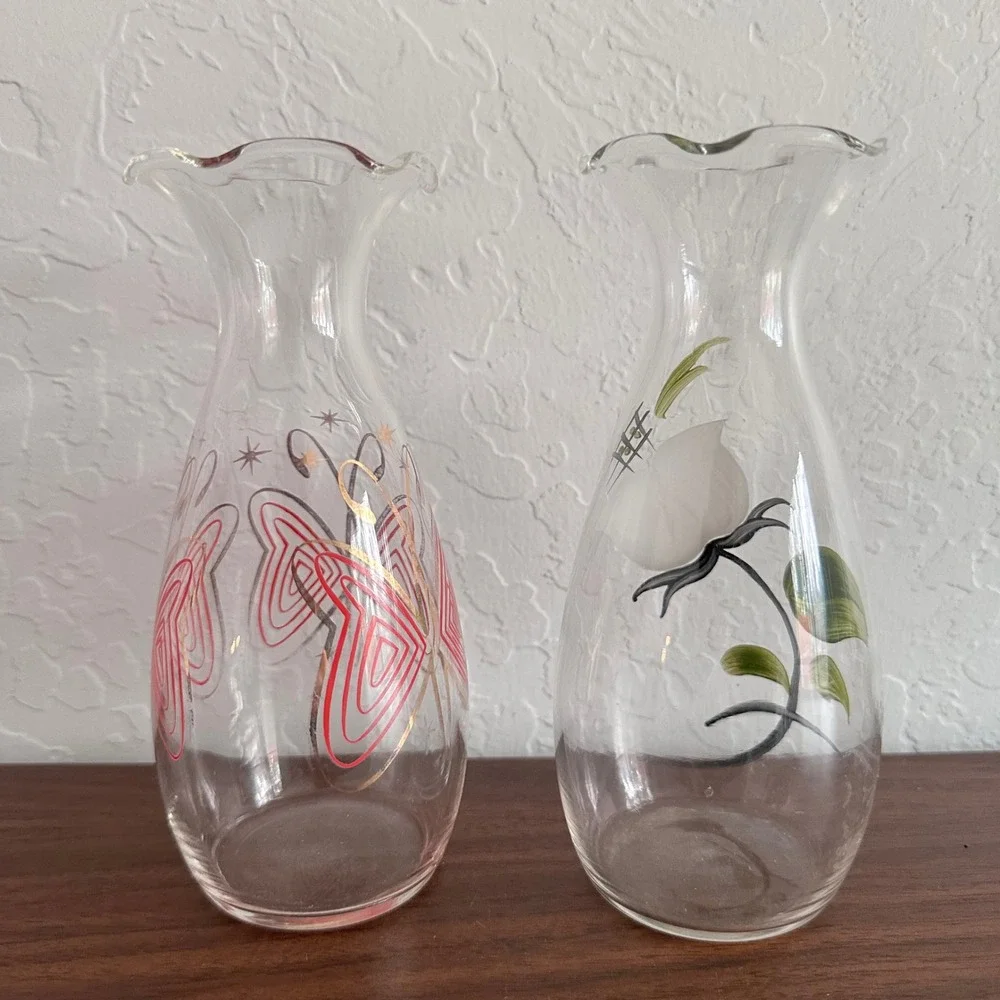 Vintage Vase Set‎ (2) Glass Floral Butterfly Clear Cottagecore Countrycore
